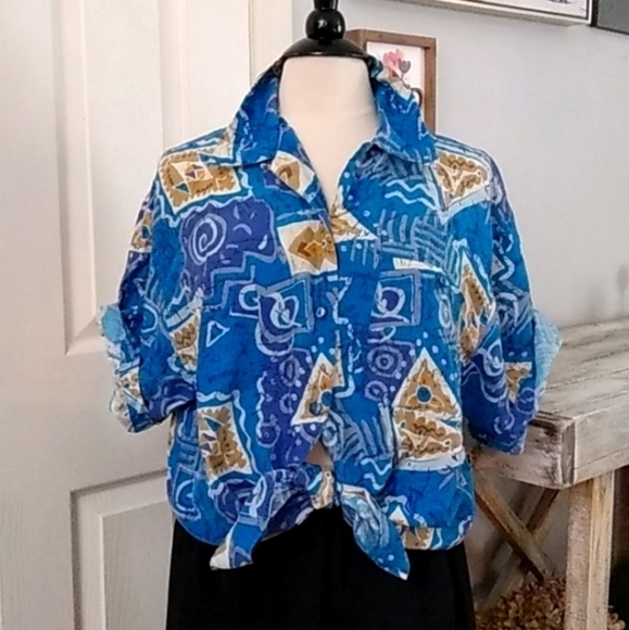 80's 90's Vintage Boho Silk Abstract Blouse - Picture 1 of 6